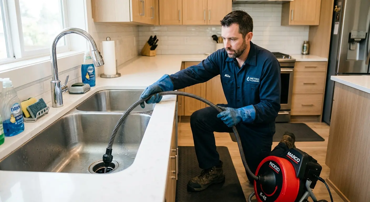 Drain cleaning technician using a motorized snake on a kitchen sink in North Smithfield