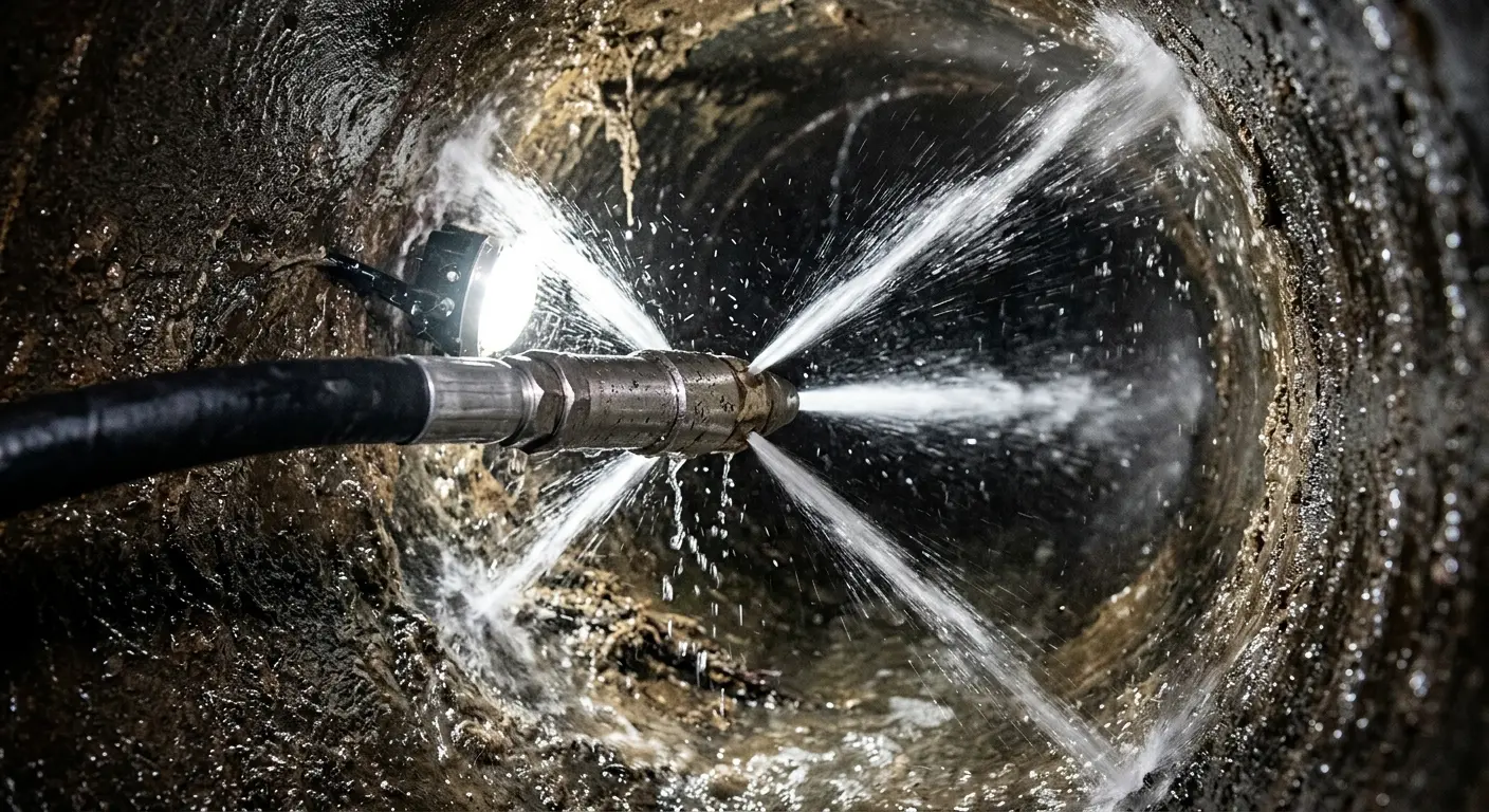 High-pressure hydro jetting nozzle cleaning sewer pipe for Trenchless Sewer Repair in North Smithfield