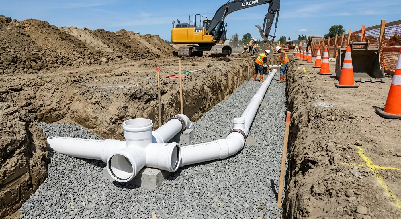 New PVC sewer pipe installation in open trench for Sewer Backup in North Smithfield