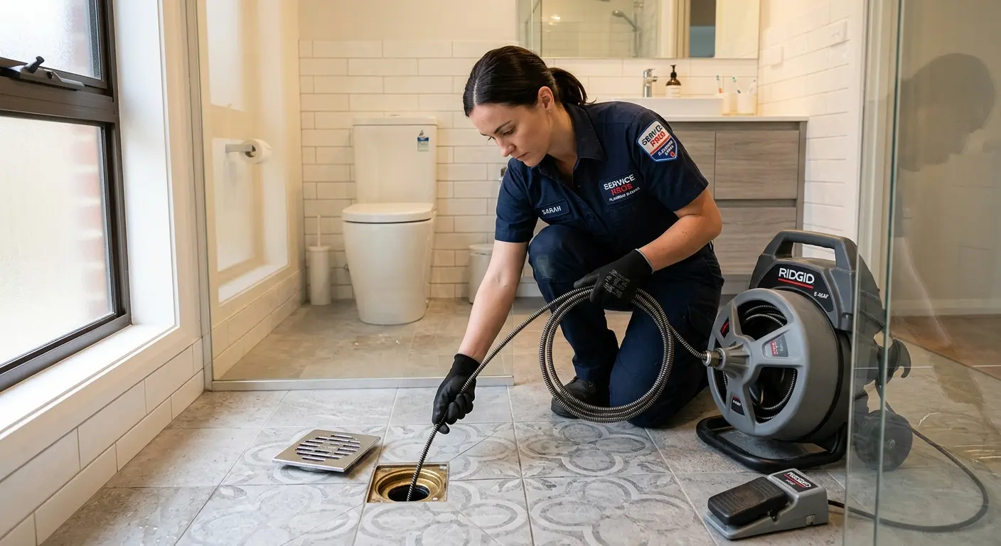 Technician clearing a bathroom floor drain for Drain Cleaning in North Smithfield